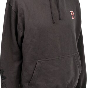 May include: A dark gray hooded sweatshirt with a small red and black logo on the right chest and a larger black logo on the left sleeve. The hoodie has a drawstring hood and a kangaroo pocket.