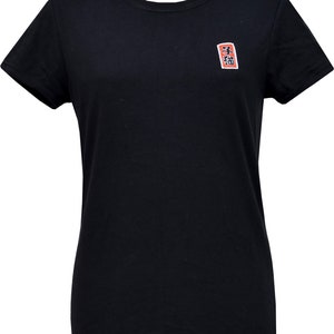 May include: Black short-sleeved t-shirt with a red and white embroidered patch that says "福" in Japanese.