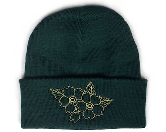 Forest Green Cherry Blossom Beanie - Japanese Sakura - Gold Embroidered Beanie
