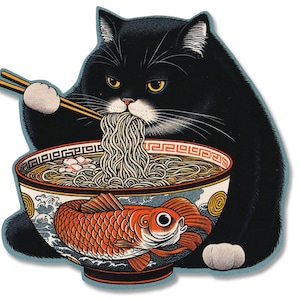 Chonky Black Cat Ramen Sticker Decal Japanese Noodles Laptop Kawaii