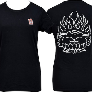 May include: Black t-shirt with a white outline of a cat with a third eye, sitting in a lotus flower with flames around its head. The text "吉" is on the front of the shirt.