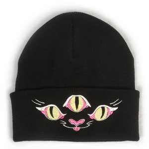 Nekomata Japanese Yokai Beanie Embroidered Beanie Hat Black