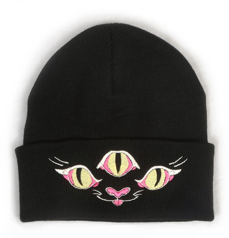 Nekomata Japanese Yokai Beanie Embroidered Beanie Hat Black