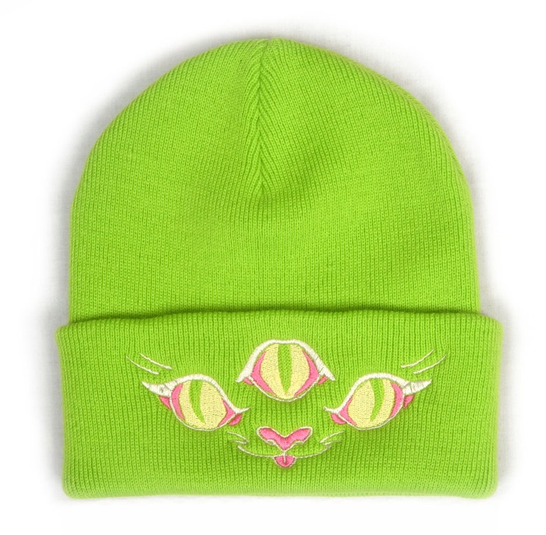 Nekomata Japanese Yokai Beanie Embroidered Beanie Hat Lime Green