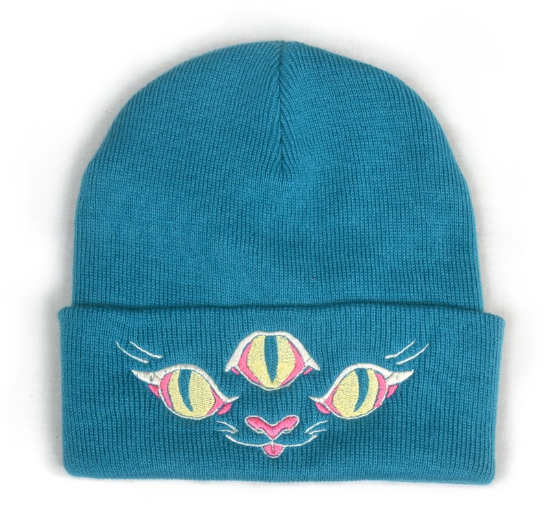 Nekomata Japanese Yokai Beanie Embroidered Beanie Hat Turquoise