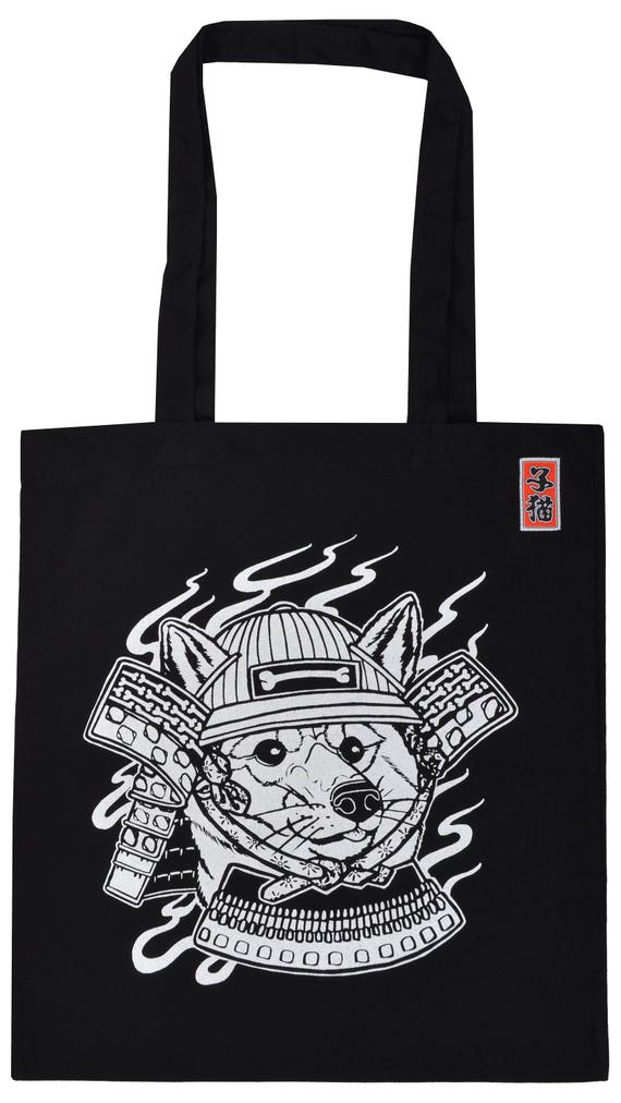 Samurai Shiba Inu Cotton Tote Bag Eco Shopping Bag Japanese Samurai Helmet Doge Year Of The Dog Japan Japanese Print