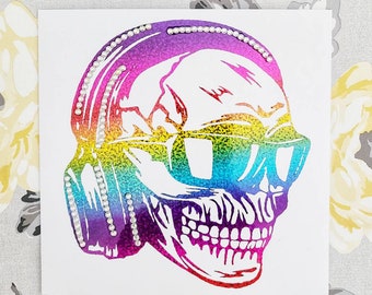 Handcrafted Skull Card, Skull Birthday Card, Skull Blank Card, Sparkly Skull, DJ Skull, Alternative Birthday Card, Rainbow Skull