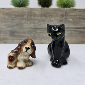 May include: A ceramic salt and pepper shaker set featuring a brown and white dog and a black cat with yellow eyes. The figurines are detailed and sit on a white surface, with a wooden planter box in the background.