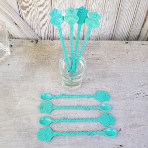 Vintage Turquoise Seagram’s Gin Stir Sticks (8) ~ Spoon End Swizzle Sticks ~ Cocktail Stirs