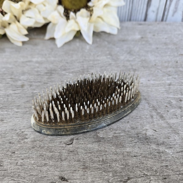 Vintage Metal Floral Frog: Oval Pin Display, Business Card Holder