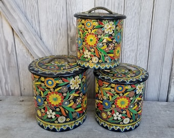 Vintage Daher Design Embossed Floral Tin Canisters ~ Made in Holland ~ Flower Power ~ Boho