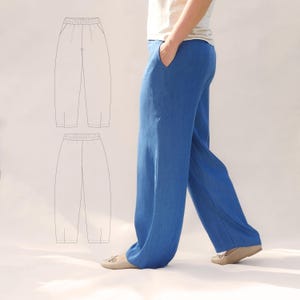 May include: Blue wide-leg trousers with an elasticized waistband and side pockets. The garment is shown alongside a technical line drawing illustrating the front and back views of the pants, highlighting the relaxed fit and straight leg design.