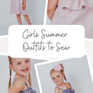 May include: A collage of images showcasing girls' summer outfits. The outfits include a light pink dress with ruffles and a blue and white zebra print top with matching shorts. The text "Girls Summer Outfits to Sew" is displayed.