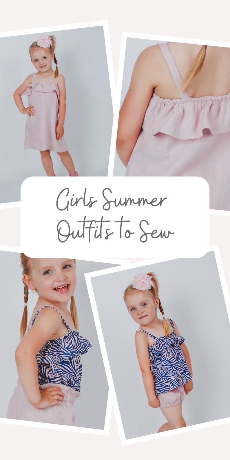 May include: A collage of images showcasing girls' summer outfits. The outfits include a light pink dress with ruffles and a blue and white zebra print top with matching shorts. The text "Girls Summer Outfits to Sew" is displayed.