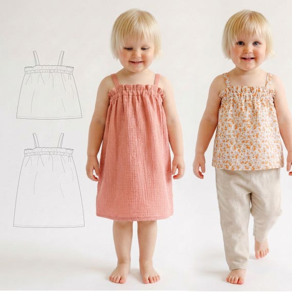 Summer Dress Pattern & Top Sewing Patterns Bundle for Kids Clothes Muslin Baby Outfit Idea Very Easy Beginner Project to Sew Toddler Dress