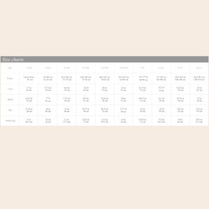 May include: A size chart for children's clothing, with measurements in inches and centimeters. The chart includes sizes from 1-3 months to 4-5 years, detailing height, chest, waist, hip, and inside leg measurements.
