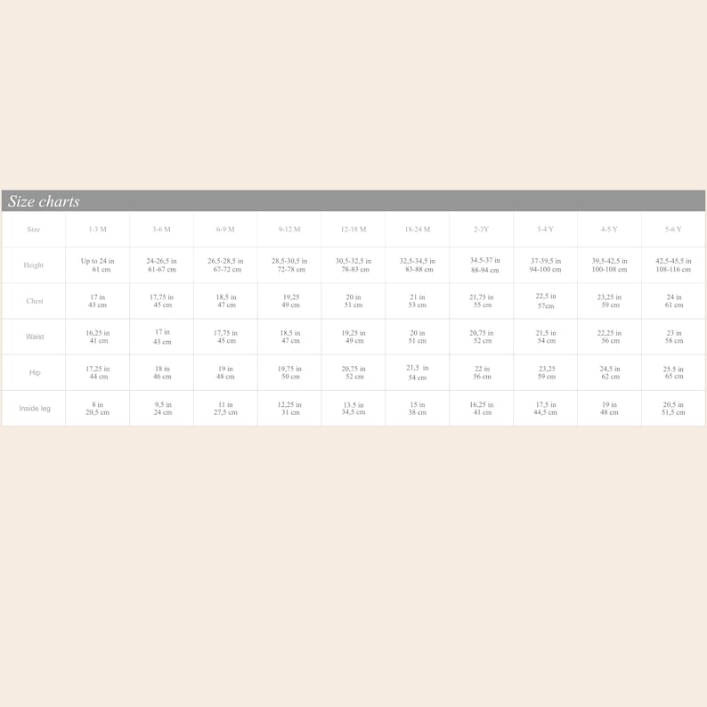 May include: A size chart for children's clothing, with measurements in inches and centimeters. The chart includes sizes from 1-3 months to 4-5 years, detailing height, chest, waist, hip, and inside leg measurements.