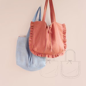 Ruffle Tote Bag Pattern for Women Beginner Easy Sewing Patterns for Shoulder Bags Boho Gift to Sew Classic Daily or Beach Bag Idea