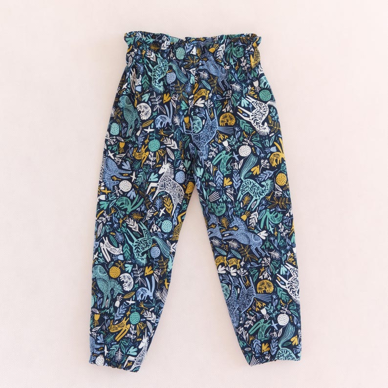 Flat lay of kids pants with elastic waist, made using PDF pattern