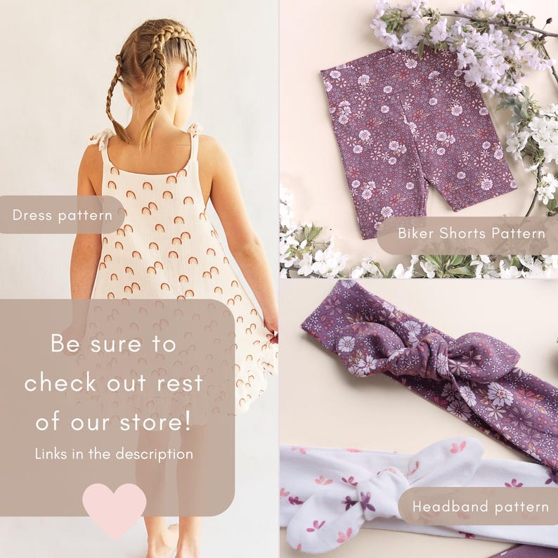 May include: A young girl in a white dress with rainbow accents stands next to a display of patterns. The patterns include biker shorts and headbands, all with floral designs. The text on the image says, "Be sure to check out rest of our store! Links in the description."
