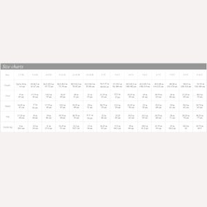 May include: A size chart for children's clothing, displaying measurements in inches and centimeters. The chart includes sizes from 1-3 months to 8-10 years, with corresponding height, chest, waist, hip, and inside leg measurements.