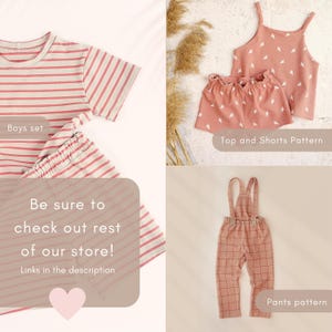 May include: Children's clothing sets in a variety of patterns. The image shows a striped tee and shorts set, a top and shorts set with a repeating pattern, and checkered overalls. The image also includes the text "Boys set", "Top and Shorts Pattern", and "Pants pattern".