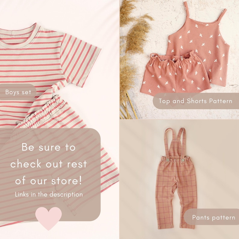 May include: Children's clothing sets in a variety of patterns. The image shows a striped tee and shorts set, a top and shorts set with a repeating pattern, and checkered overalls. The image also includes the text "Boys set", "Top and Shorts Pattern", and "Pants pattern".