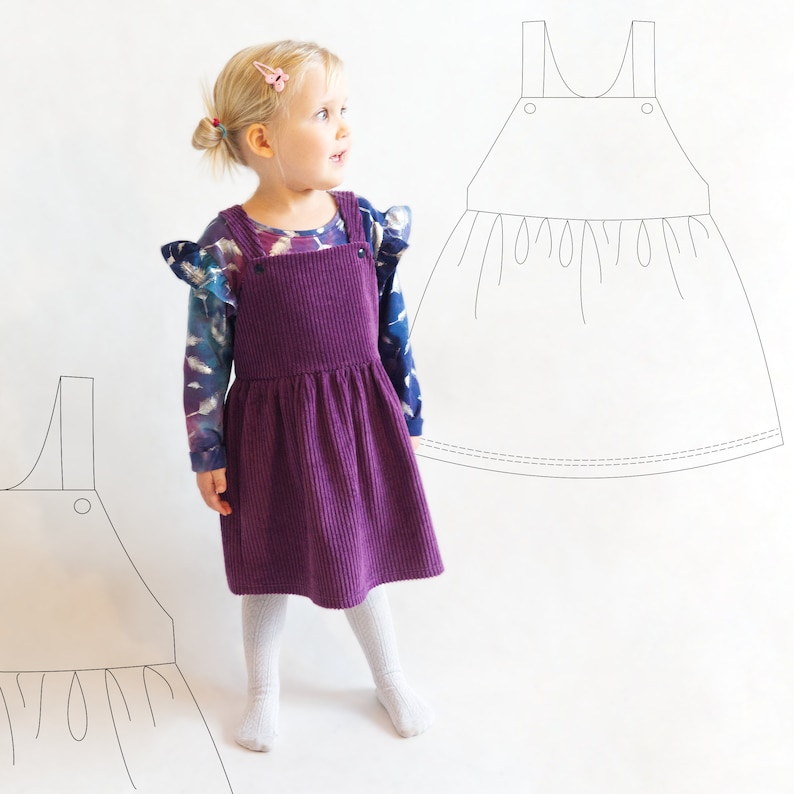 Front view of girls pinafore dress – classic bib-style top and gathered skirt – sewing pattern for kids.