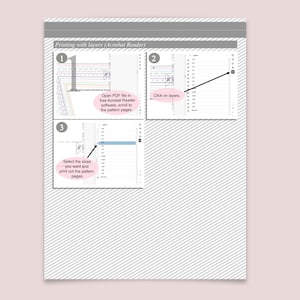 May include: An instructional graphic titled Printing with layers (Acrobat Reader) featuring three numbered steps. It shows how to open a PDF, click on the layers icon, and select specific sizes to print out sewing pattern pages.