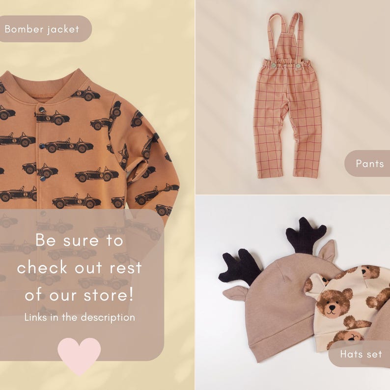 May include: A tan bomber jacket with a black car pattern, pink plaid pants with suspenders, and a set of hats. One hat is tan with black antlers, and the other is cream with brown bear faces. The image also includes text that says "Be sure to check out rest of our store!"