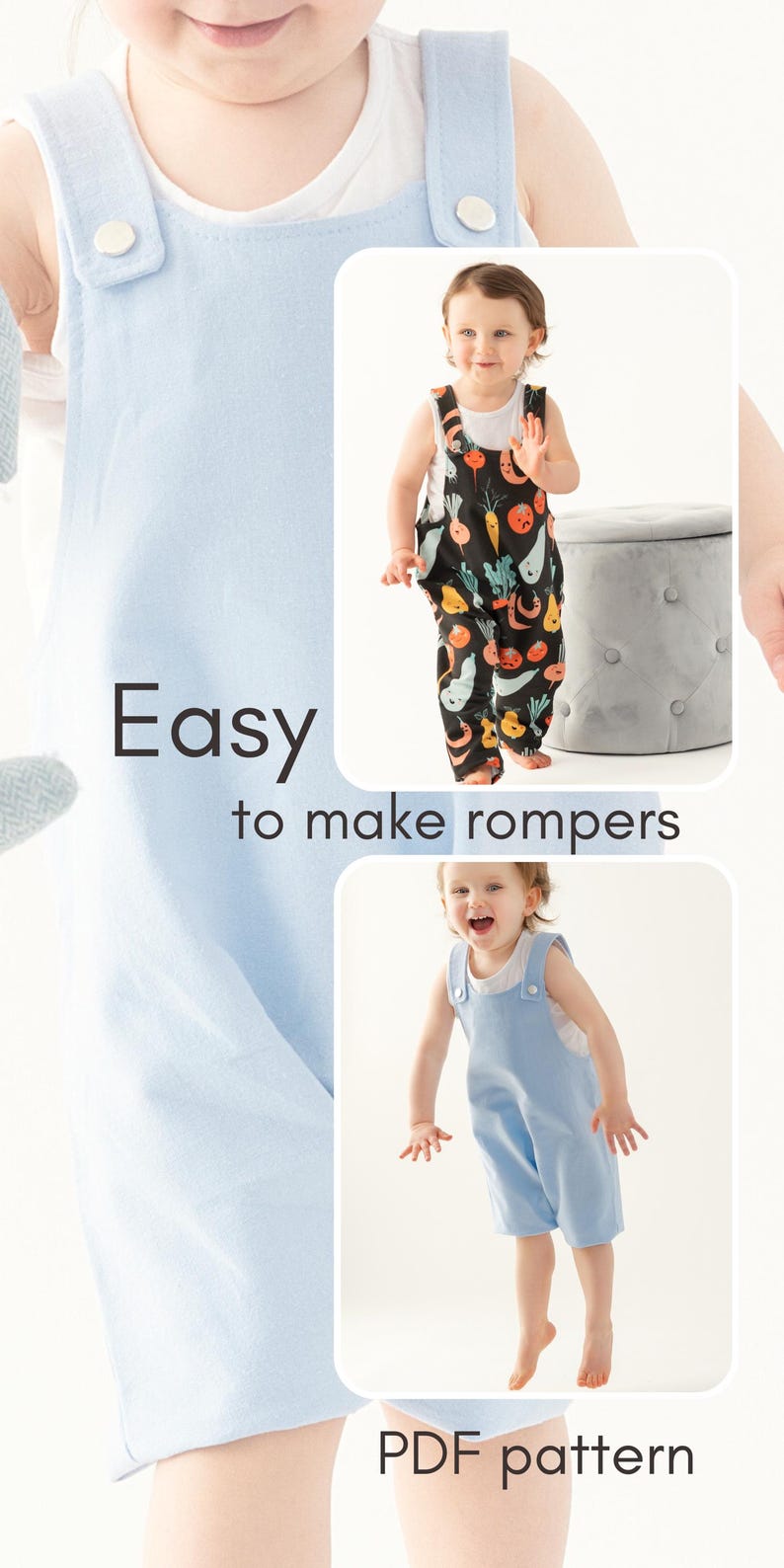 Baby Romper Sewing Pattern for Beginner Toddler Overalls Patterns Set Summer Baby Outfit matching Girl Boy Dungaree Project to Sew PDF Guide image 19