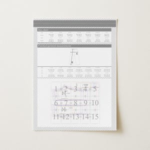 May include: A white size chart with gray text and a diagram of pants. The chart includes measurements in inches and centimeters. The bottom of the chart has a pattern with numbers and shapes.