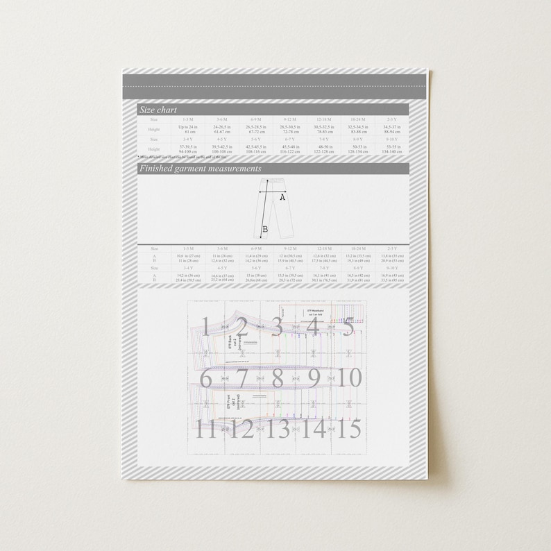 May include: A white size chart with gray text and a diagram of pants. The chart includes measurements in inches and centimeters. The bottom of the chart has a pattern with numbers and shapes.