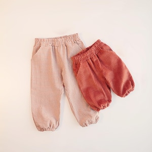 Può includere: Due paia di pantaloni per bambini. Uno è a fantasia vichy rosso chiaro e bianco. L'altro è in velluto a coste color ruggine. Entrambi hanno elastico in vita e caviglie arricciate.