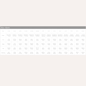 May include: A size chart for children's clothing, with measurements in inches and centimeters. The chart includes sizes from 1-3 months to 9-10 years, detailing height, chest, waist, hip, and inside leg measurements.