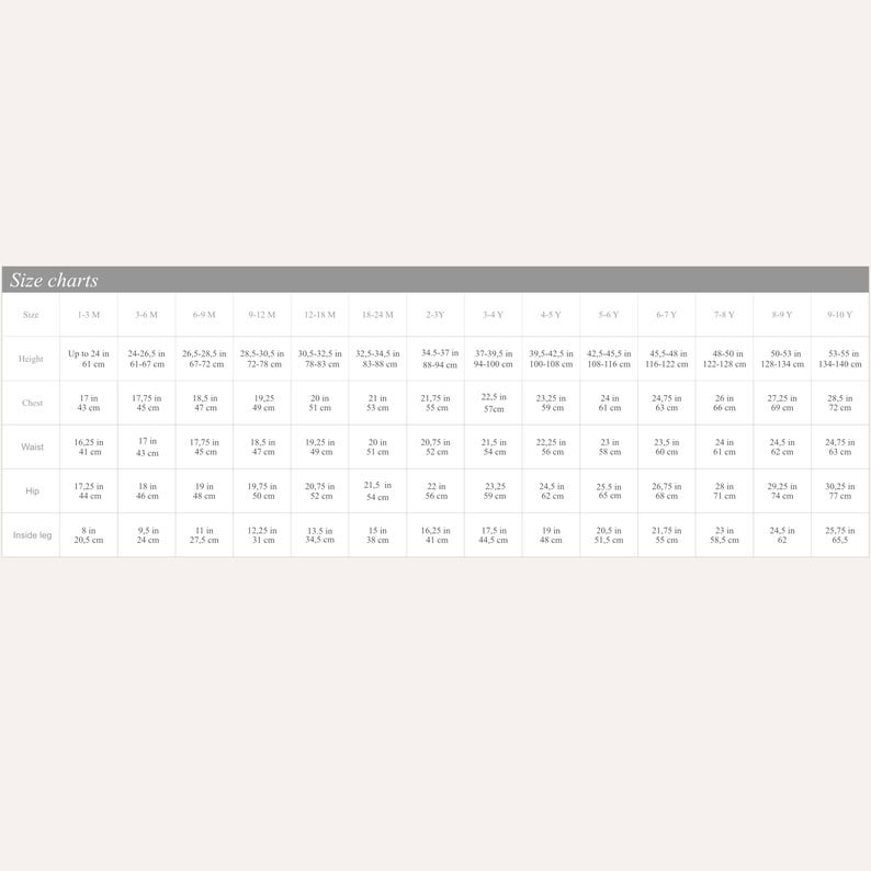 May include: A size chart for children's clothing, with measurements in inches and centimeters. The chart includes sizes from 1-3 months to 9-10 years, detailing height, chest, waist, hip, and inside leg measurements.