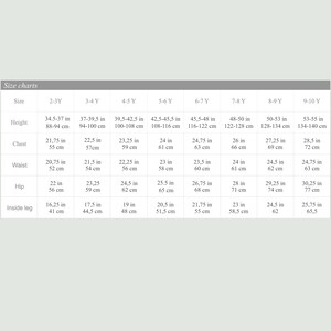 May include: A size chart for children's clothing, with measurements in inches and centimeters. The chart includes sizes from 2-3Y to 9-10Y, detailing height, chest, waist, hip, and inside leg measurements.