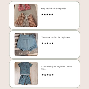 Puede incluir: Tres conjuntos de prendas hechas a mano. La imagen superior muestra un chaleco con estampado rosa y marr&oacute;n. La imagen del medio muestra unos pantalones cortos azules. La imagen inferior muestra un conjunto de camiseta y pantal&oacute;n corto azul con un estampado.