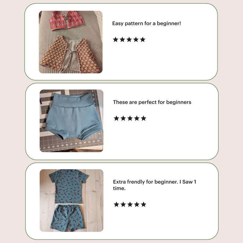 Puede incluir: Tres conjuntos de prendas hechas a mano. La imagen superior muestra un chaleco con estampado rosa y marr&oacute;n. La imagen del medio muestra unos pantalones cortos azules. La imagen inferior muestra un conjunto de camiseta y pantal&oacute;n corto azul con un estampado.