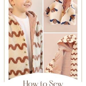 Puede incluir: Una chaqueta de beb&eacute; color crema con un patr&oacute;n ondulado marr&oacute;n y un forro a cuadros rojos y blancos. La chaqueta tiene capucha y est&aacute; abotonada. La imagen tambi&eacute;n incluye el texto "How to Sew Baby and Kids Jacket PDF Pattern."