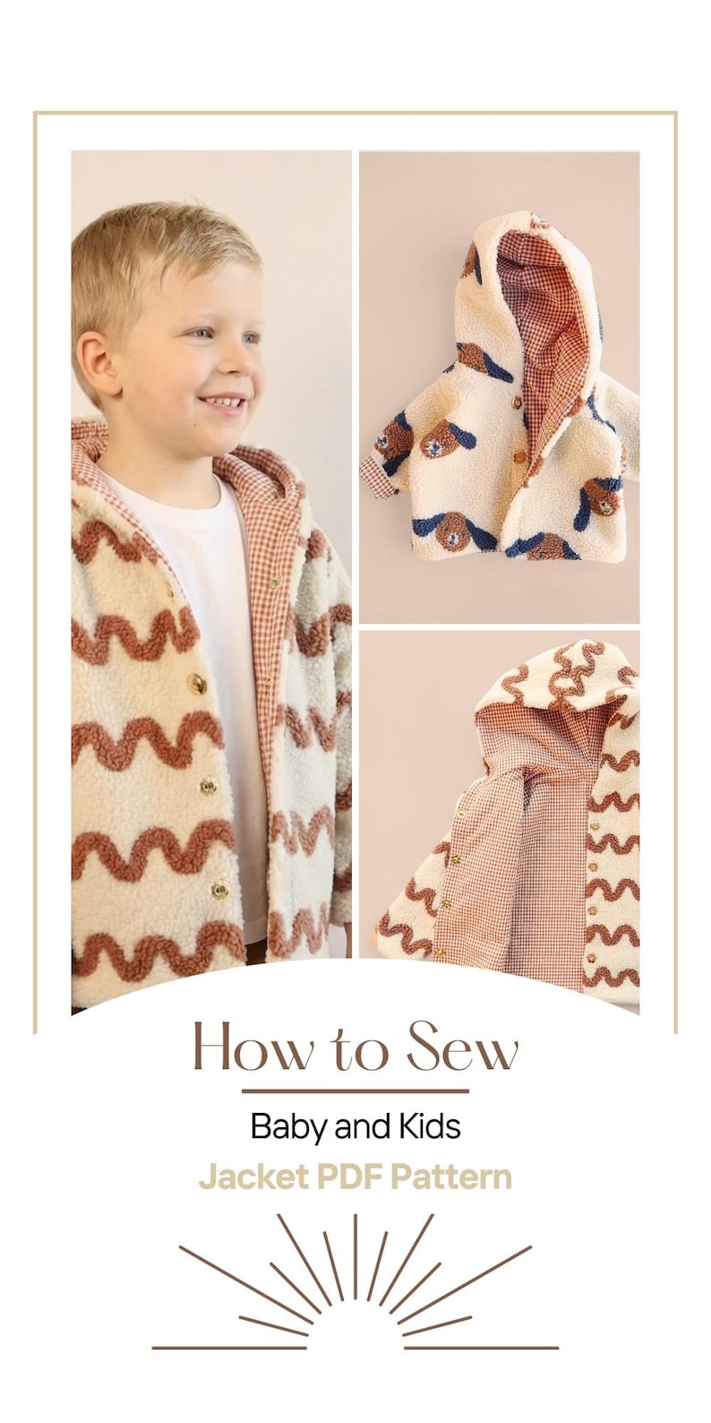 Puede incluir: Una chaqueta de beb&eacute; color crema con un patr&oacute;n ondulado marr&oacute;n y un forro a cuadros rojos y blancos. La chaqueta tiene capucha y est&aacute; abotonada. La imagen tambi&eacute;n incluye el texto "How to Sew Baby and Kids Jacket PDF Pattern."