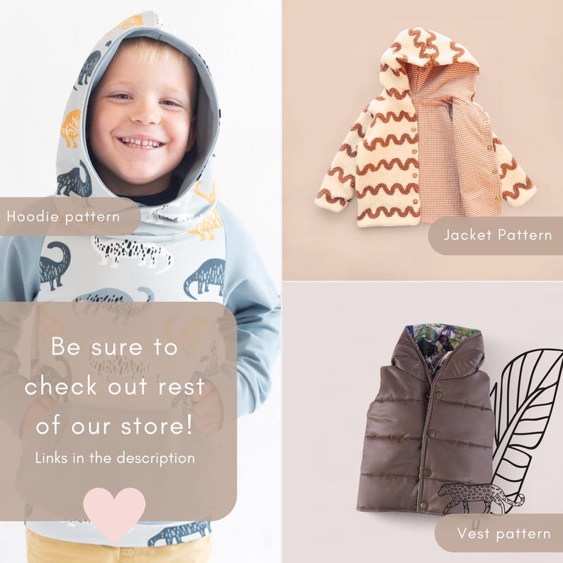 K&ouml;nnte beinhalten: Das Bild zeigt drei Schnittmuster f&uuml;r Kinderkleidung: einen blauen Hoodie mit Dinosaurier-Print, eine cremefarbene Jacke mit braunen Wellenlinien und eine braune Weste mit floralem Futter. Text lautet "Hoodie pattern", "Jacket Pattern" und "Vest pattern".