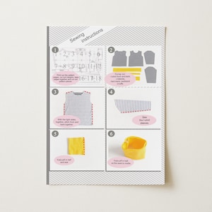 May include: A sewing instruction sheet featuring six numbered steps for assembling a garment. The document includes diagrams of striped pattern pieces, yellow fabric strips, and text explaining the process of cutting, stitching, and folding cuffs.