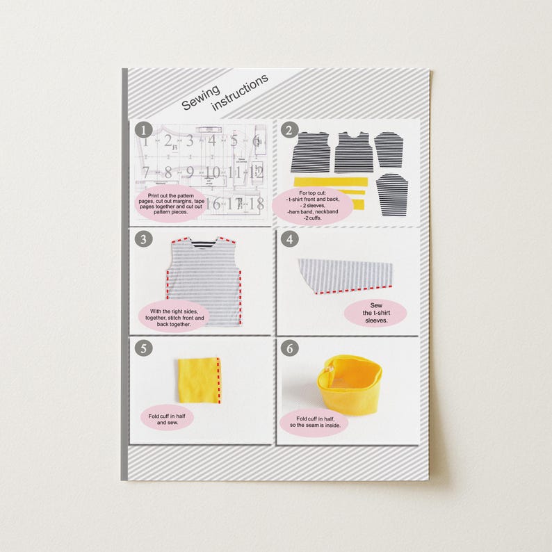 May include: A sewing instruction sheet featuring six numbered steps for assembling a garment. The document includes diagrams of striped pattern pieces, yellow fabric strips, and text explaining the process of cutting, stitching, and folding cuffs.
