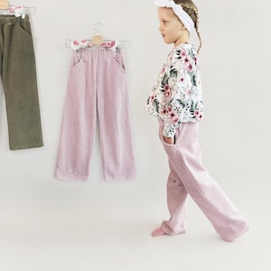 Patrón de pantalones anchos para niños en PDF. Pantalones Palazzo para niña. Ropa de punto y tejido para niño. Idea de proyecto. Patrones de costura para principiantes. MadeByMePatterns