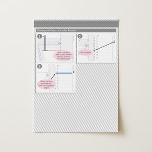 May include: A step-by-step guide on a white background with diagonal gray lines. The guide shows how to print with layers in Acrobat Reader. The text includes instructions such as "Open PDF file", "Click on layers", and "Select the sizes you want".