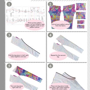 May include: Sewing instructions for a pair of pants with a colorful floral print. The instructions include cutting out the pattern pieces, sewing the legs together, and stitching the crotch seam.