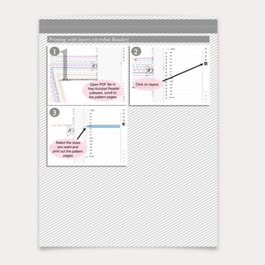 May include: An instructional graphic titled Printing with layers (Acrobat Reader) featuring three numbered steps. It shows how to open a PDF, click on the layers icon, and select specific sizes to print sewing pattern pages with seam allowances.