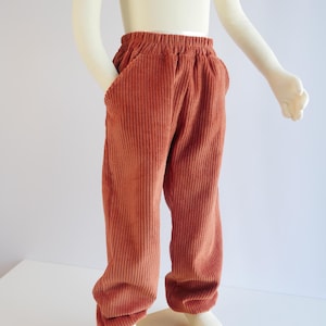 May include: Rust-coloured corduroy trousers featuring a comfortable elasticated waistband and two side pockets. The trousers are crafted from a textured, vertically ribbed fabric and have a relaxed, straight-leg fit that falls to the ankles.