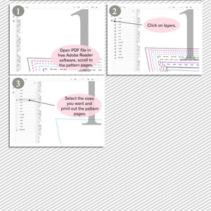 May include: A three-step guide on how to print a layered PDF file. The first step shows a PDF file open in Adobe Reader with the text "Open PDF file in free Adobe Reader software, scroll to the pattern pages." The second step shows a list of layers in the PDF file with the text "Click on layers." The third step shows a list of sizes with the text "Select the sizes you want and print out the pattern pages."